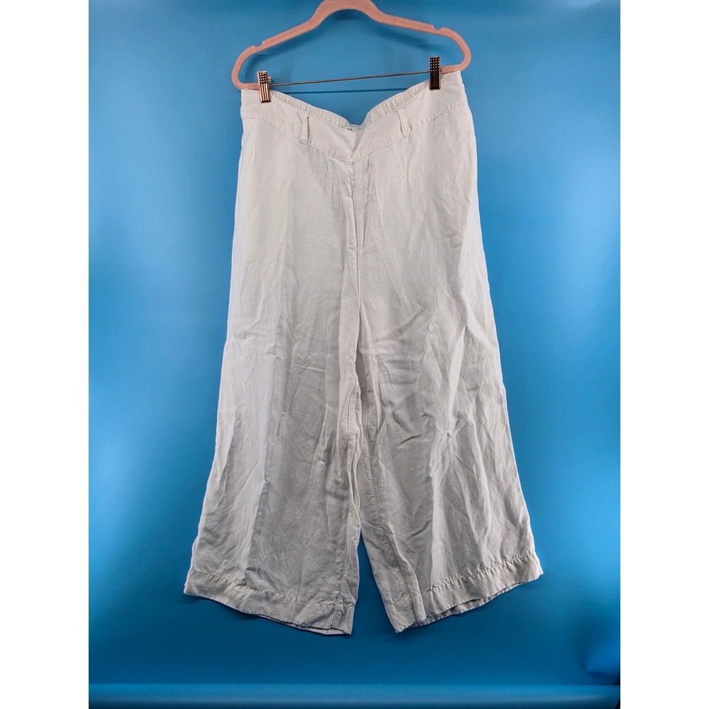 Halston Womens White Wide Leg Linen Blend Pants Elastic Waist XL
